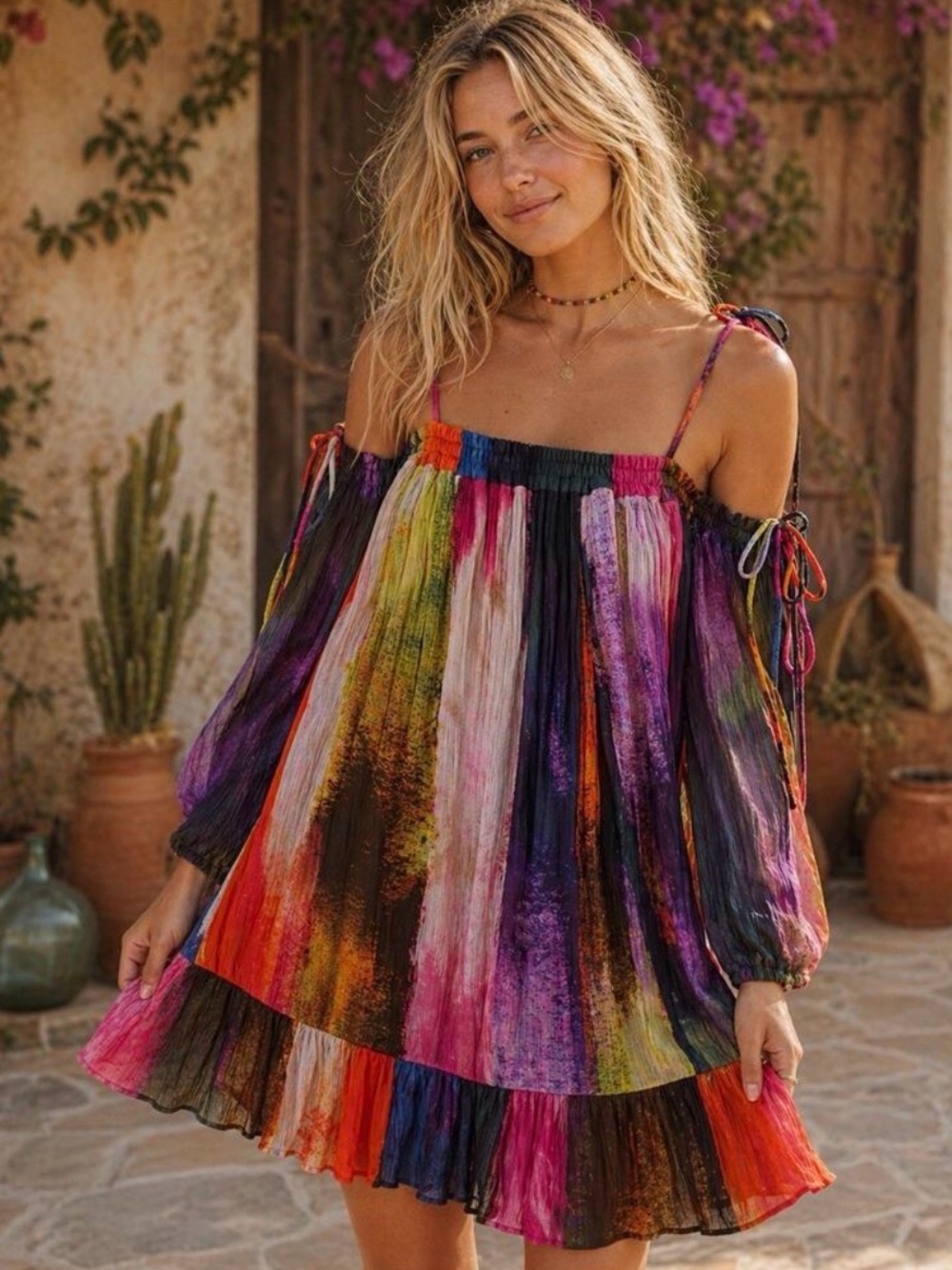 Anthropologie Multicolor Off-Shoulder Pleated Mini Dress